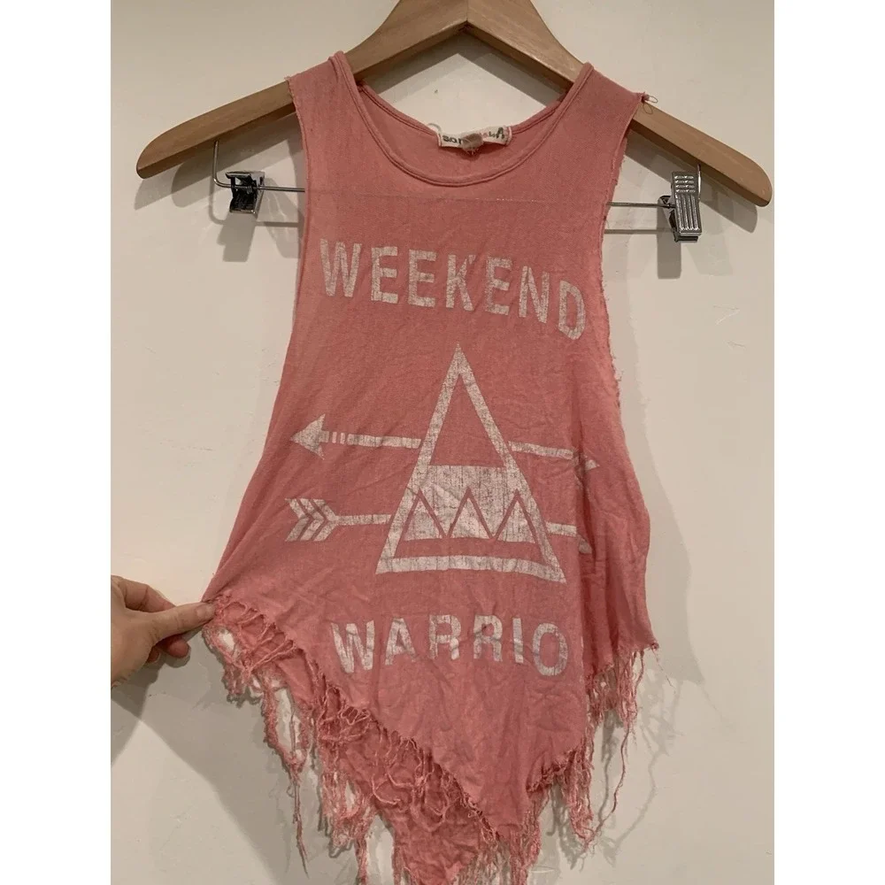 So Rad by A Weekend Warrior XS Pink Cotton Distressed Fringe Festival Tank Women